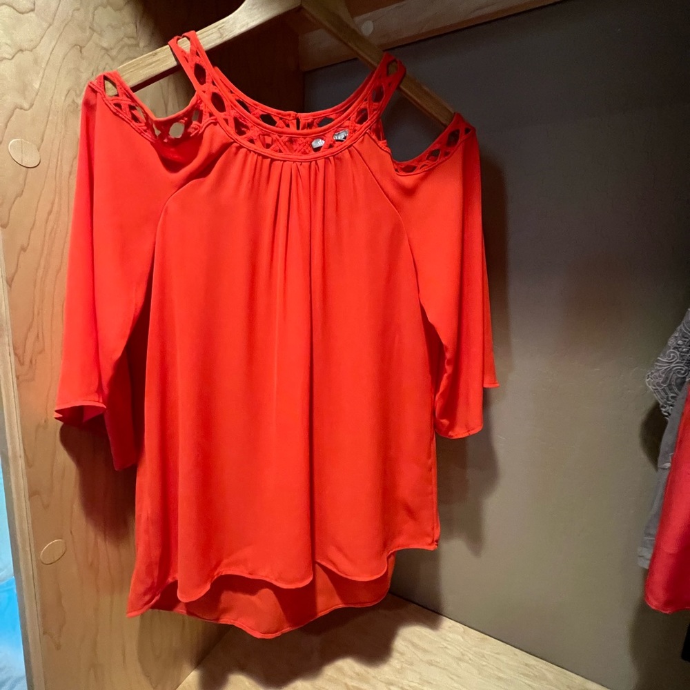 Daniel Rain 3/4 bell sleeve, cold shoulder lace embellished red dress top